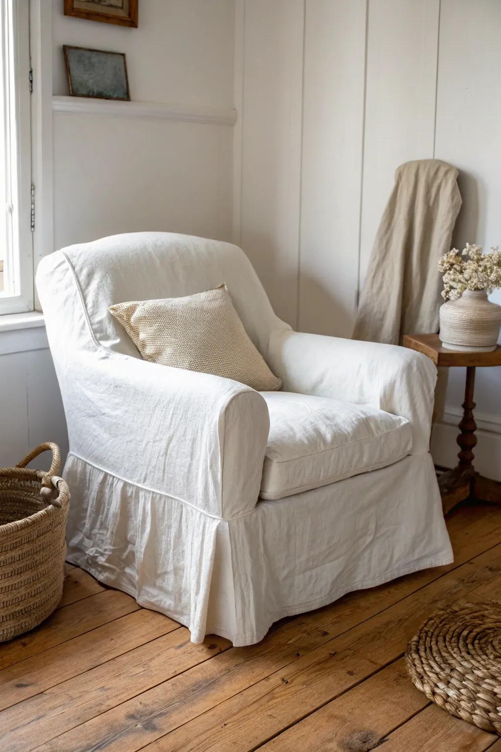 Sink-in slipcovered cottage chair—soft linen texture, airy light, and quiet Scandinavian calm.