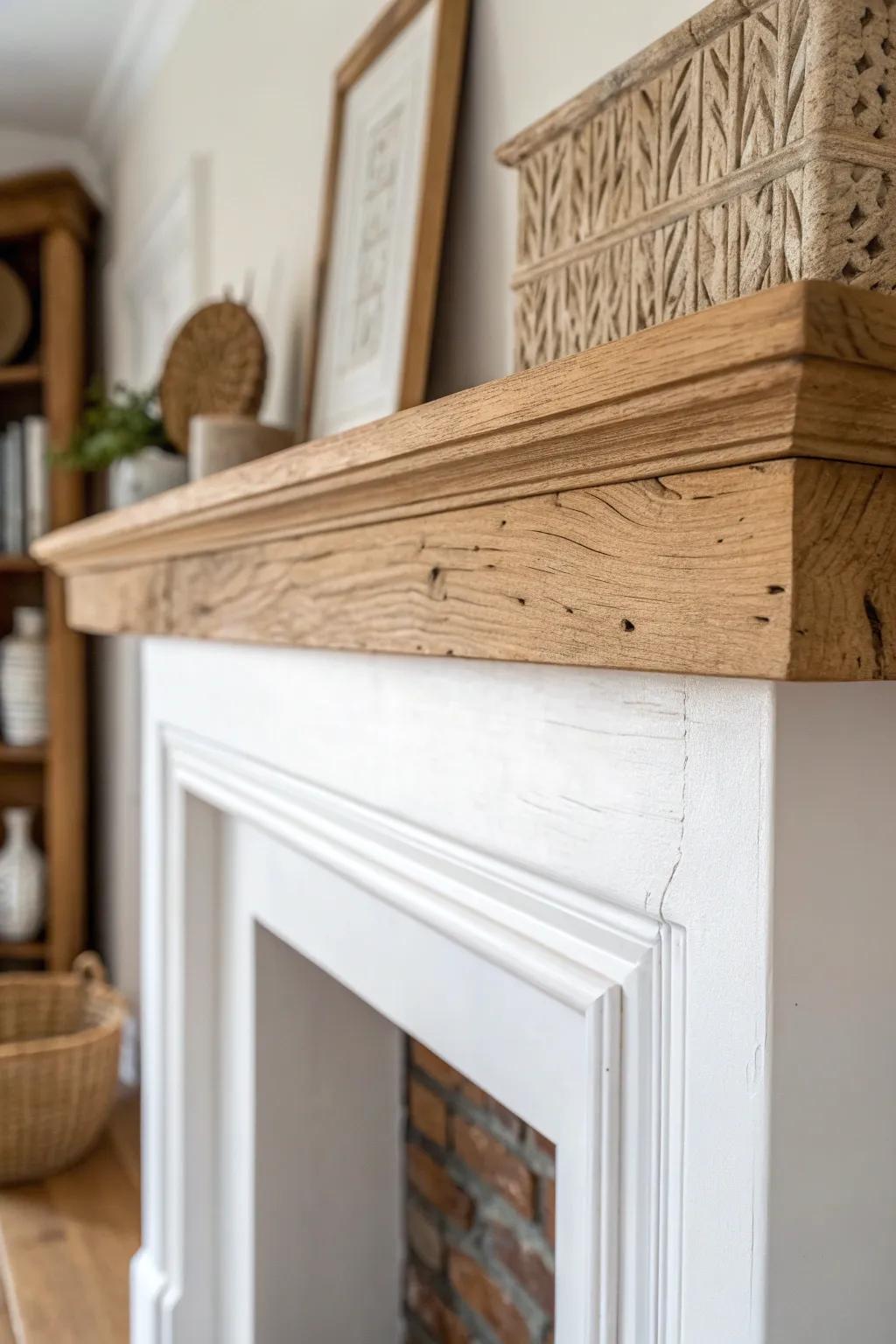 Rough-sawn oak mantel gives a simple range nook that cozy English cottage hearth feel.