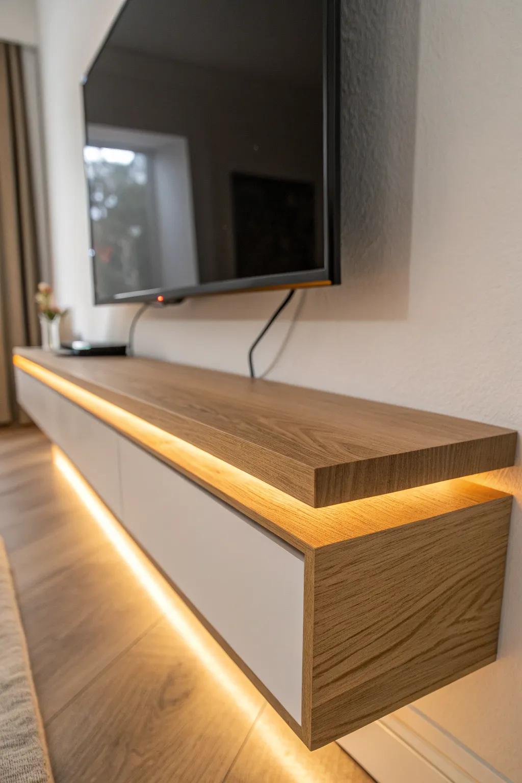 Warm hidden LED glow under a floating oak shelf makes a wall-mounted TV corner feel cozy.