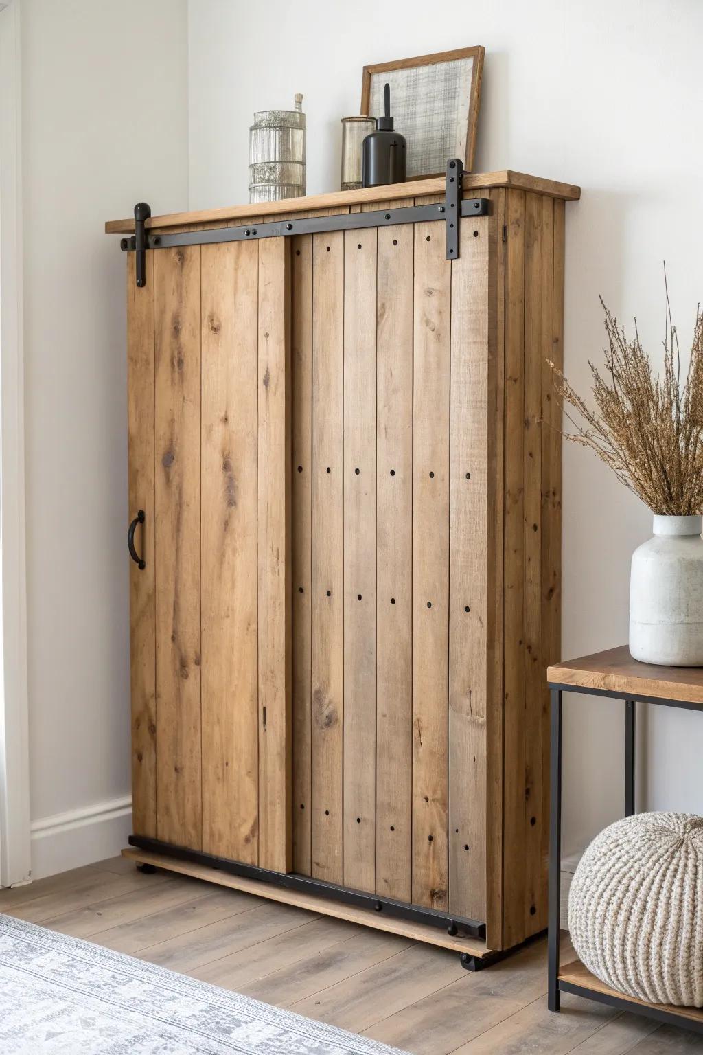 Reclaimed wood sliding-door cabinet—rustic warmth, space-saving style, and clean Nordic lines.