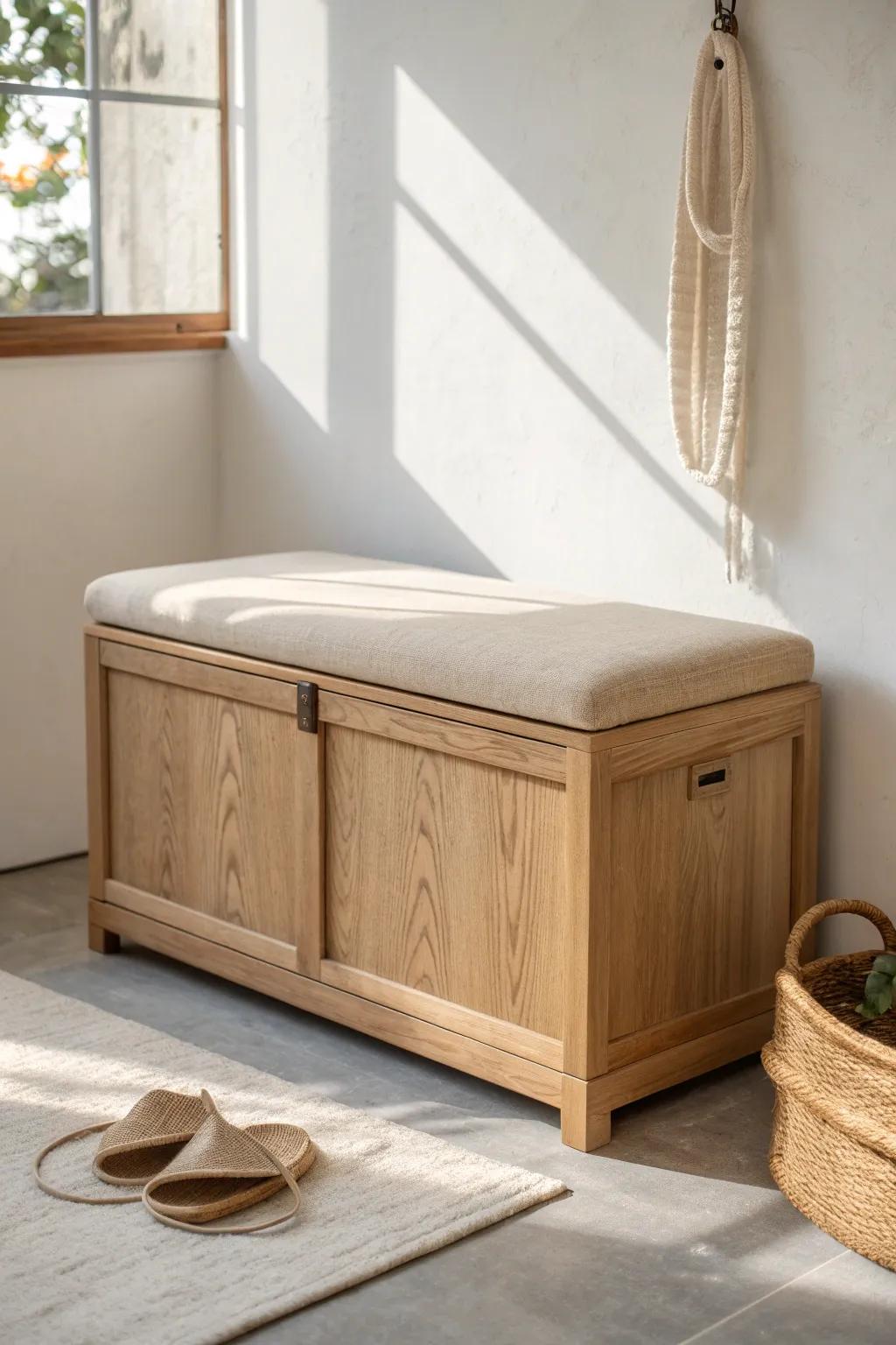 A slim upholstered-top oak chest adds a welcoming seat and hidden storage for shoes.