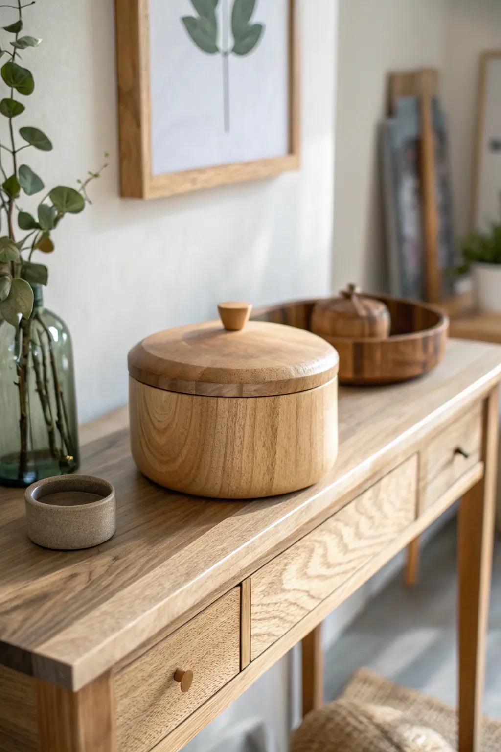 A minimalist lidded wood box that hides mail and receipts—instant calm for your entryway.