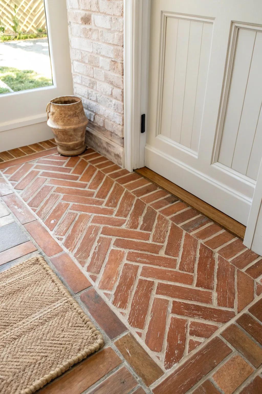 Cozy entryway upgrade: thin brick pavers in a timeless herringbone pattern