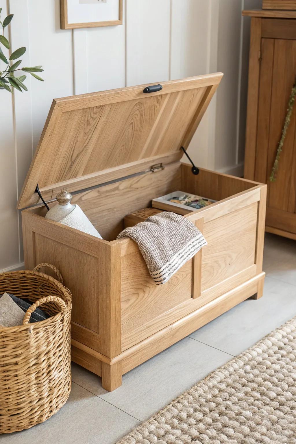 A sleek flip-top oak bench that hides gloves, keys, and clutter—beautifully and quietly.