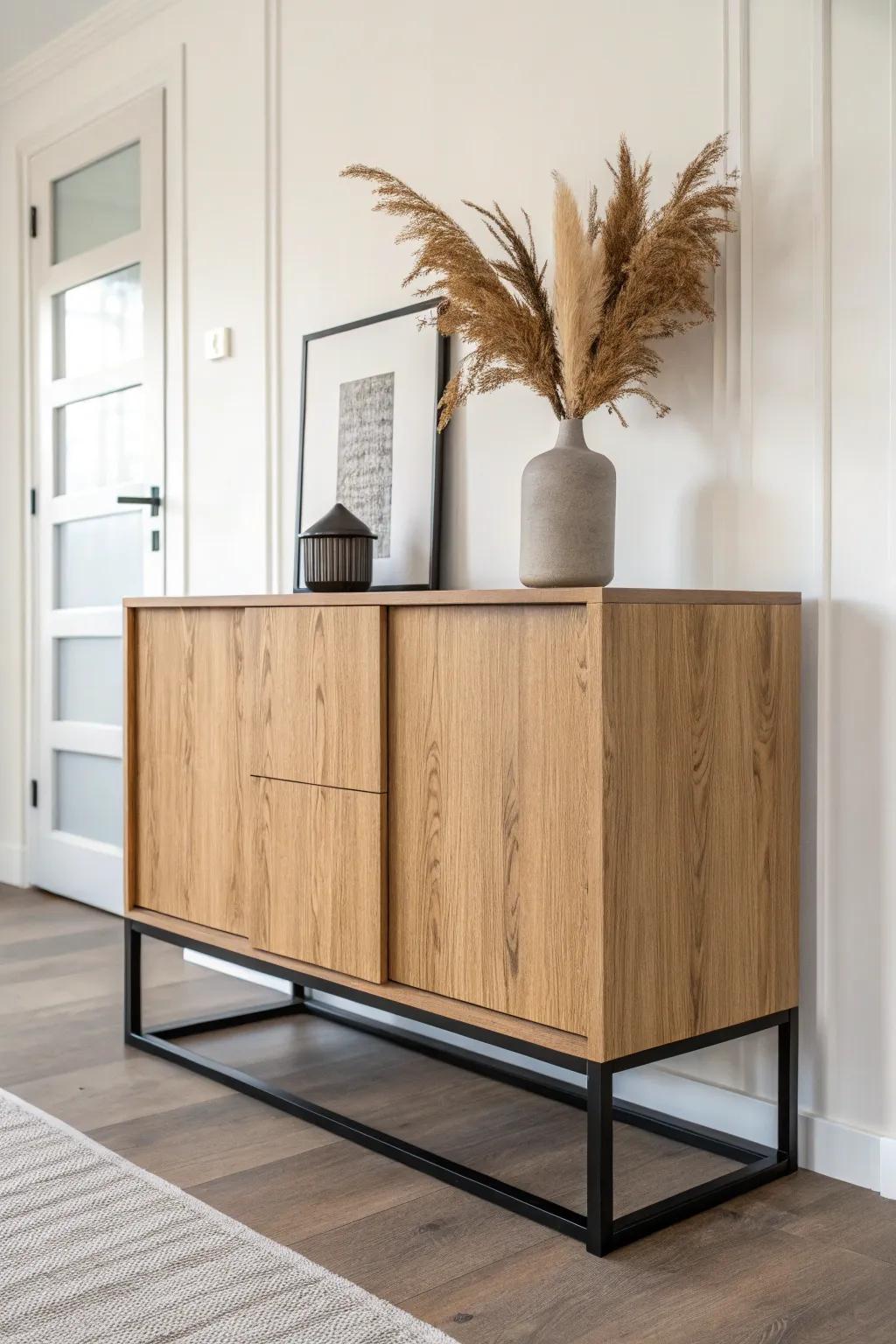 Warm oak sideboard on a matte-black steel base—airy, industrial, and beautifully minimal.