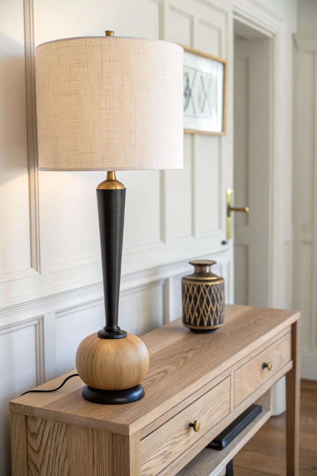 A metal-and-oak lamp that echoes your console hardware—minimal, warm, and cohesive.