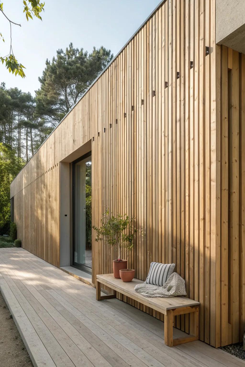 Irregular board ends create a sculptural cladding edge with beautiful, sun-cast shadows.