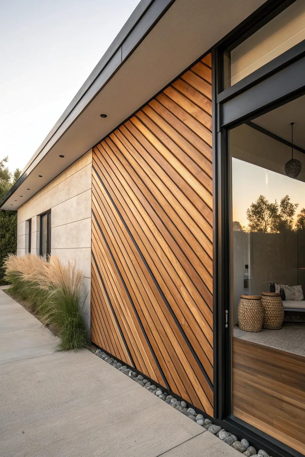 Diagonal cedar slats add modern motion and bold shadow play to an exterior feature wall.
