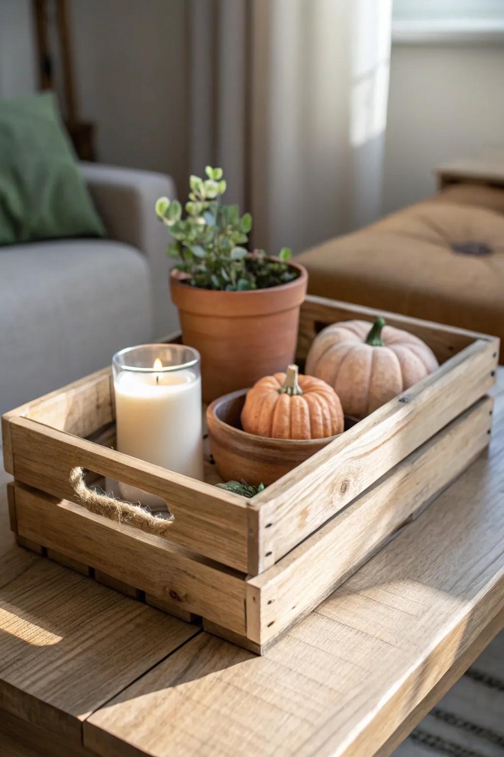A vintage wood crate caddy with candle, plant, and pumpkins for cozy fall coffee table style.