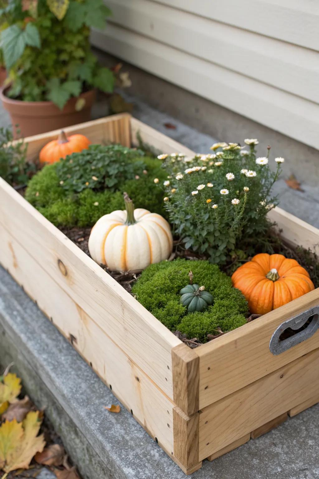 A mini pumpkin patch in a wooden crate—moss, tiny plants, cozy fall charm for indoors.
