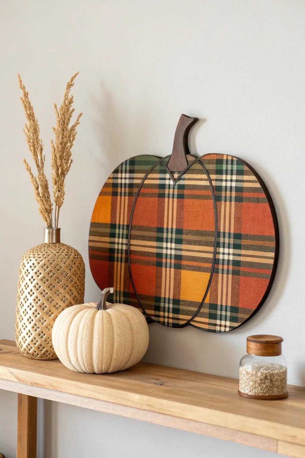 Elevate your fall decor with this chic plaid pumpkin wall art – a perfect blend of Scandinavian simplicity and boho charm.