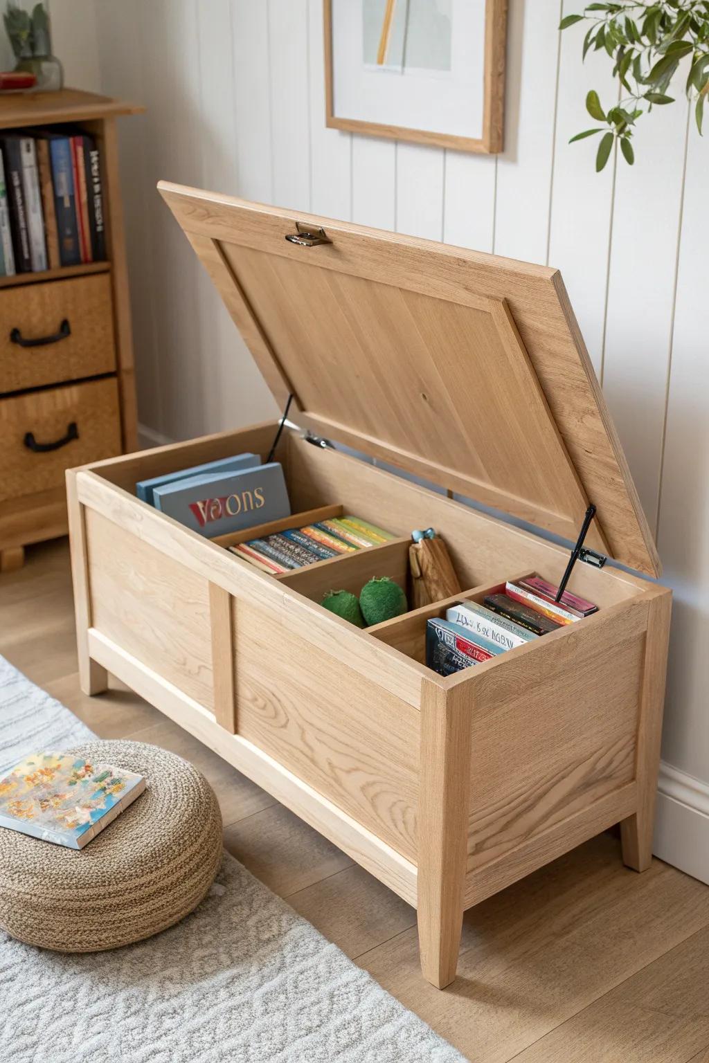 A minimalist lift-top oak bench that hides crafts in seconds and keeps family dining calm.