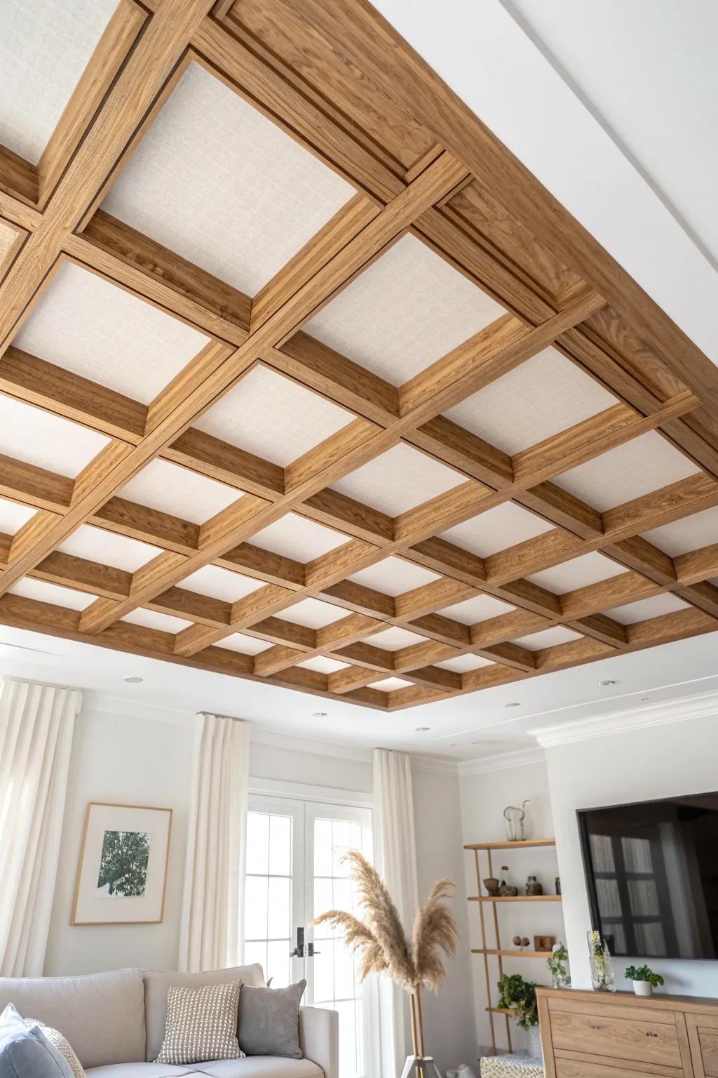 Airy lattice ceiling panel adds texture without heavy beams—clean, warm, handcrafted.