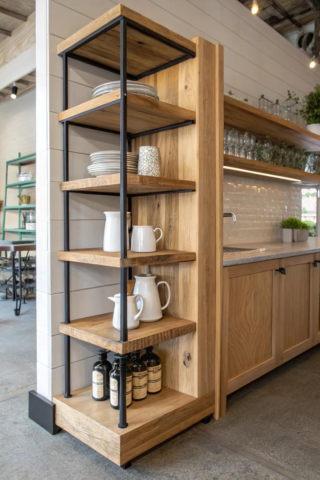 Handcrafted corner shelves turn wasted shop space into calm, reachable storage—beautifully.