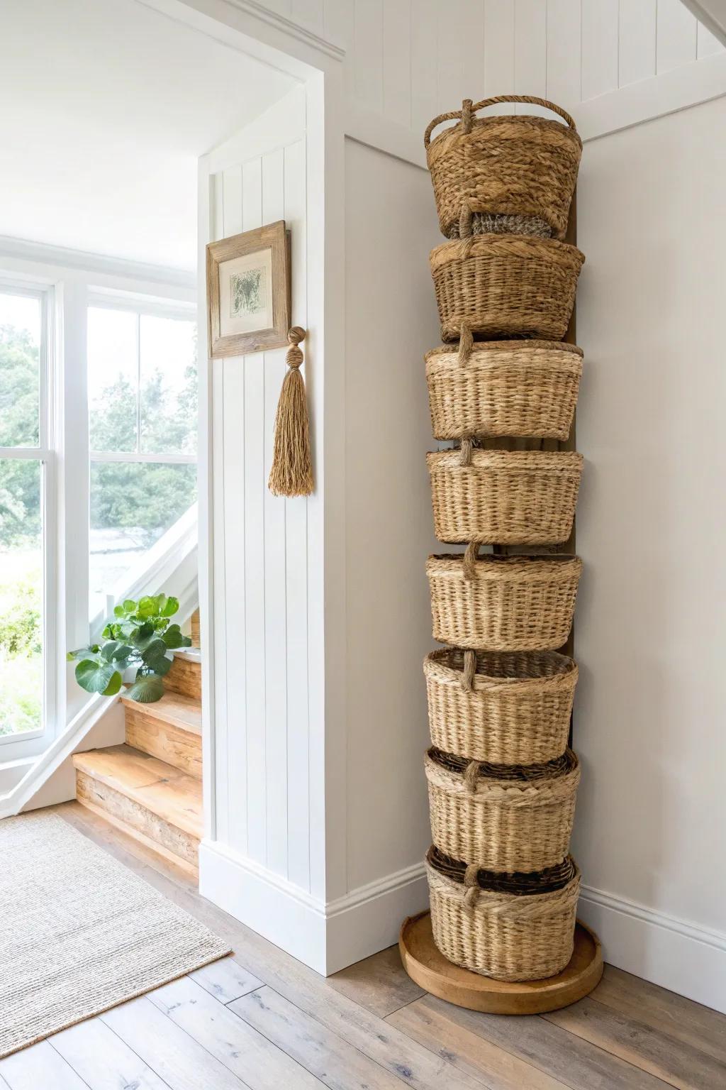 Turn a blank corner into a cozy vignette with a vertical spine of farmhouse baskets.