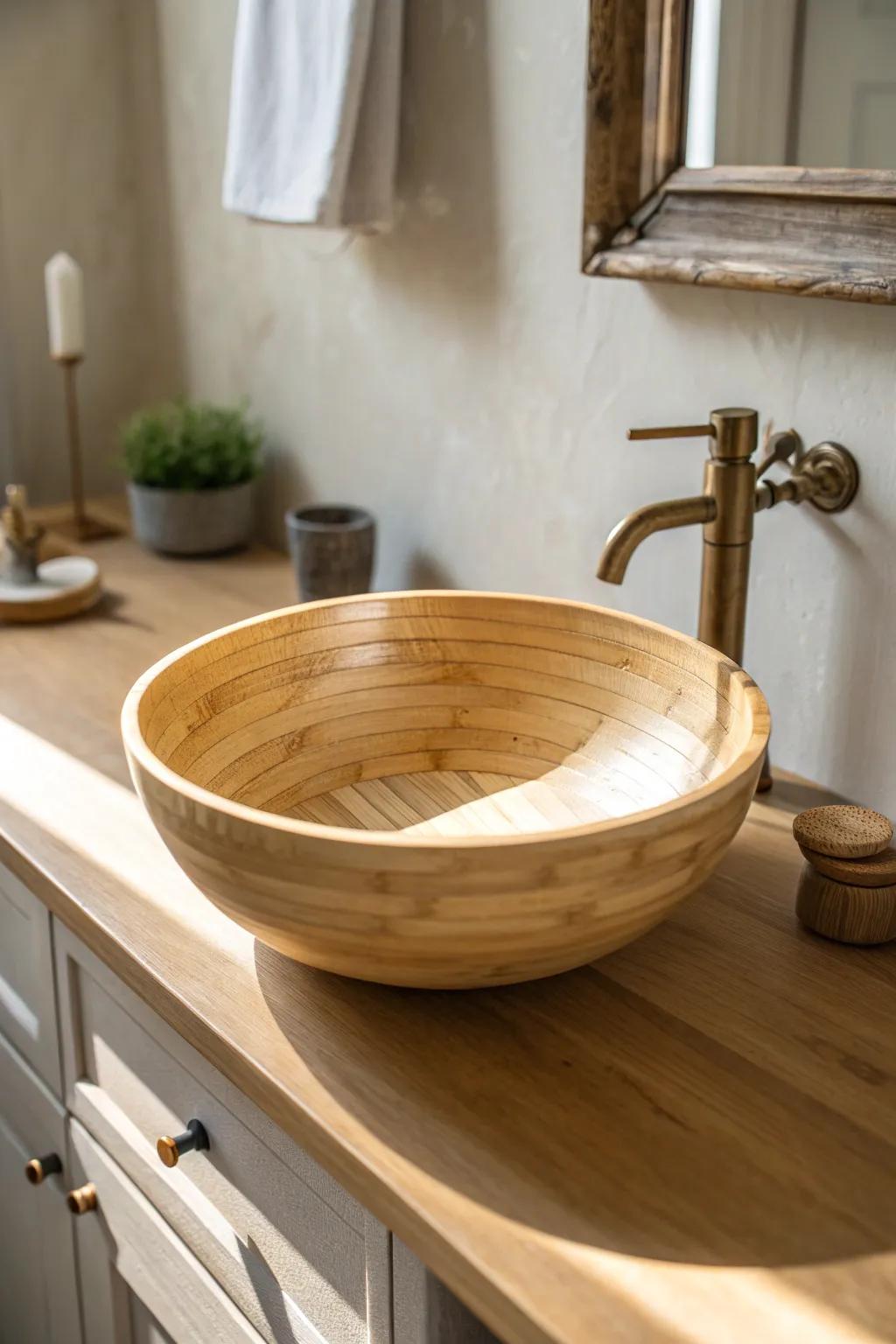 A bamboo sink bowl adds a soft rustic twist—warm grain, calm tones, and farmhouse charm.