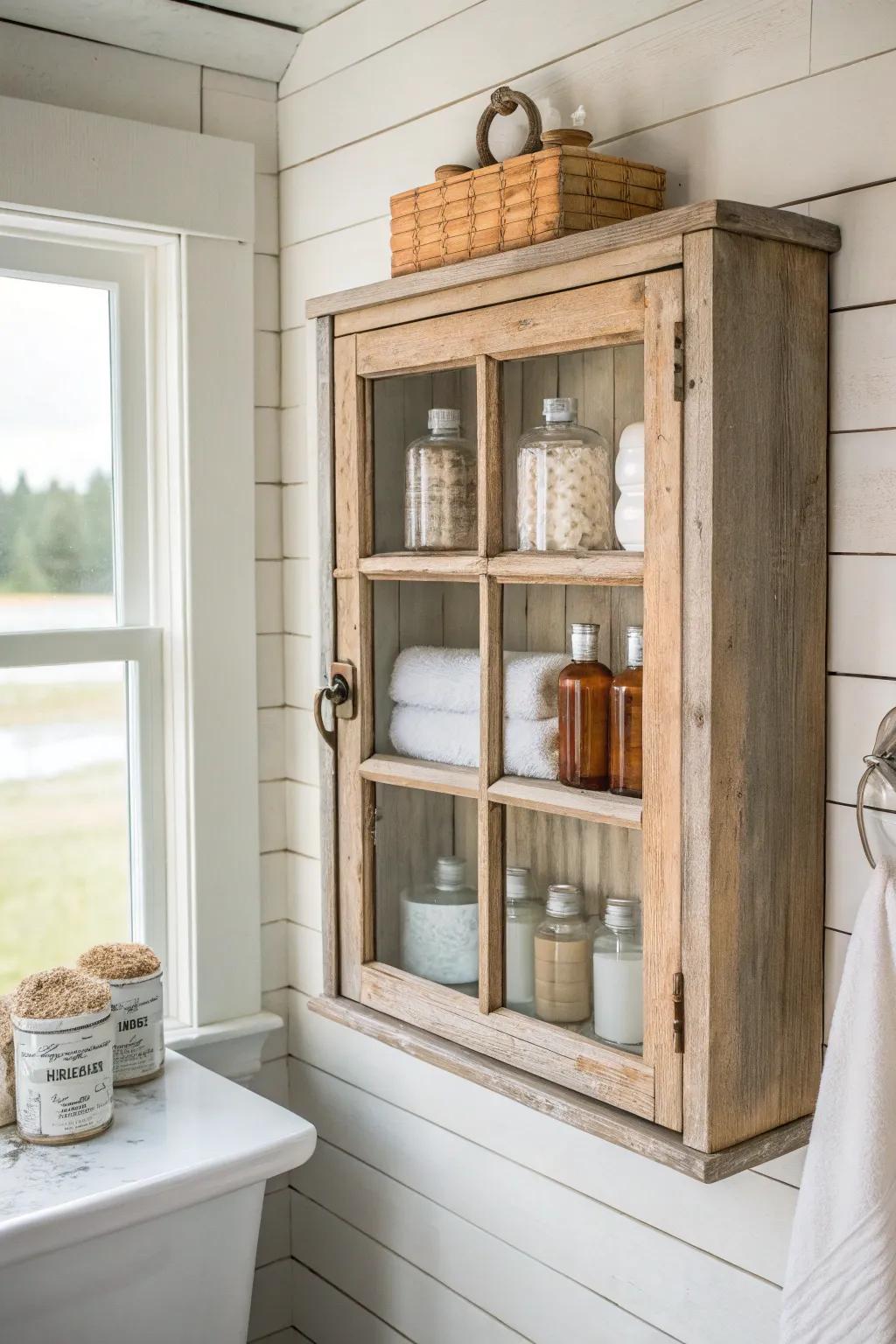 Vintage window-frame cabinet with matching jars—farmhouse charm and tidy toiletry storage.