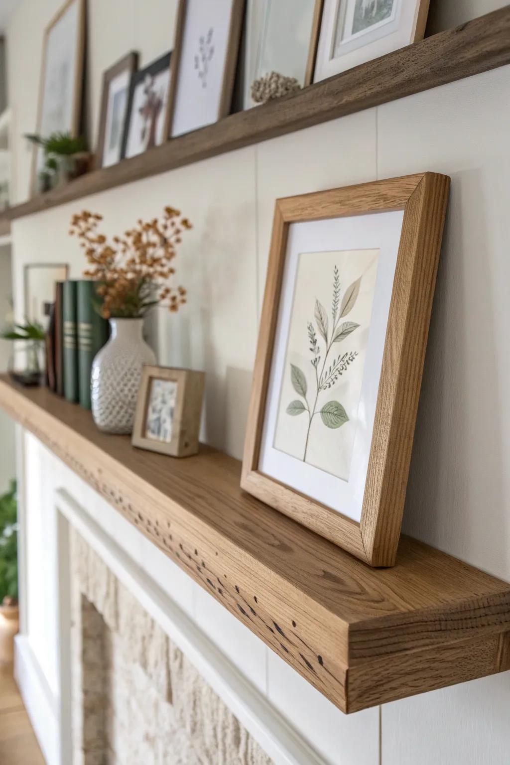 Skinny DIY oak picture ledge—swap thrifted botanical prints for a fresh farmhouse look.