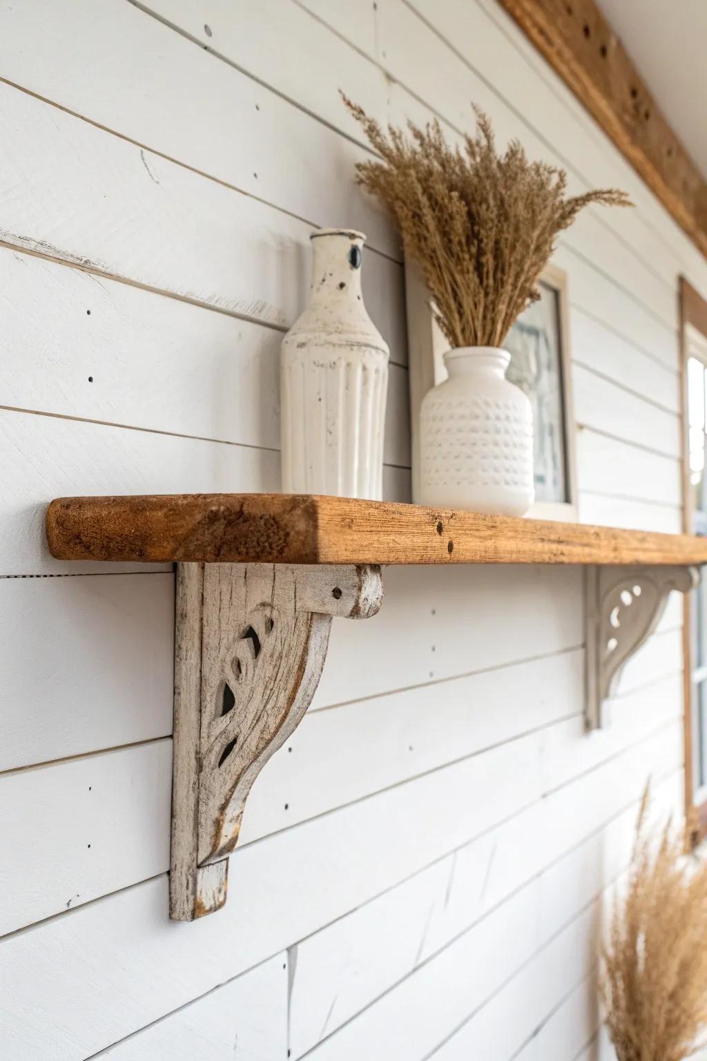 Chunky reclaimed wood shelf + simple corbels for instant farmhouse character in a calm closet.