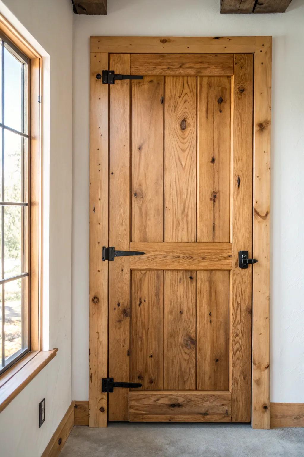 Chunky knotty plank farmhouse door—cozy, handcrafted texture with clean Scandinavian simplicity.