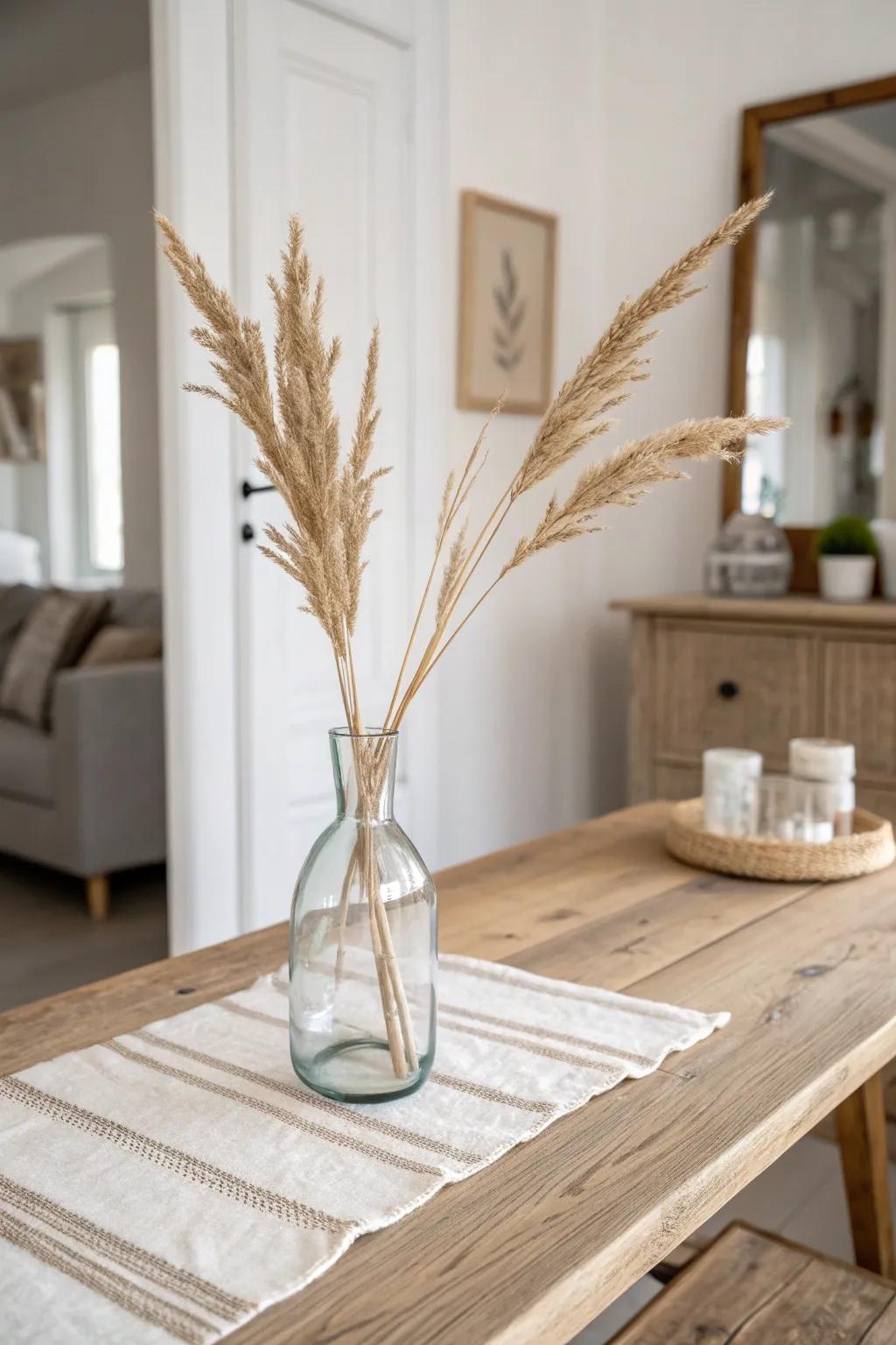 A slim glass vase with dried pampas and wheat—effortless farmhouse warmth that lasts.