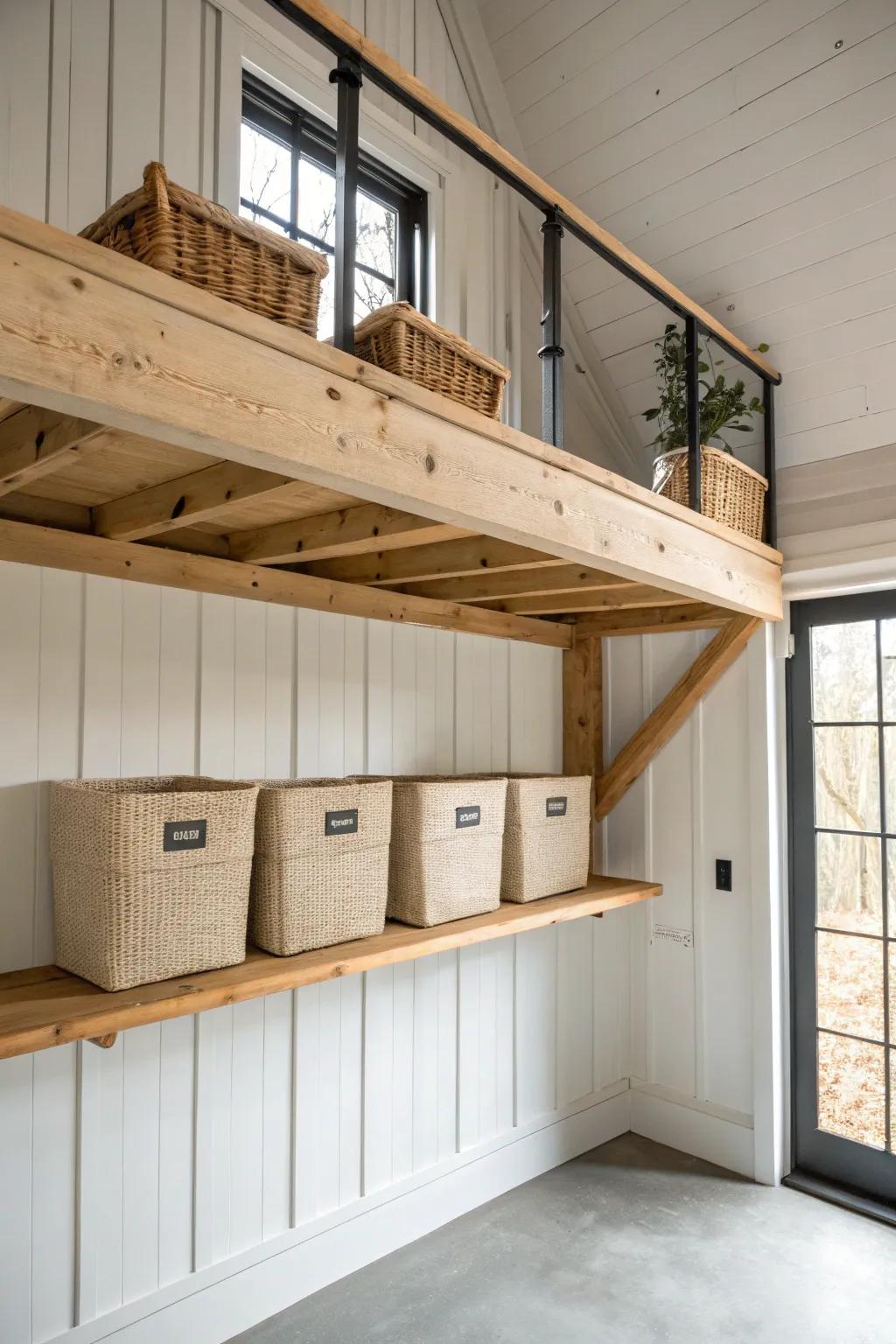Hayloft-style overhead storage in warm oak—labeled bins keep seasonal gear tidy and charming.