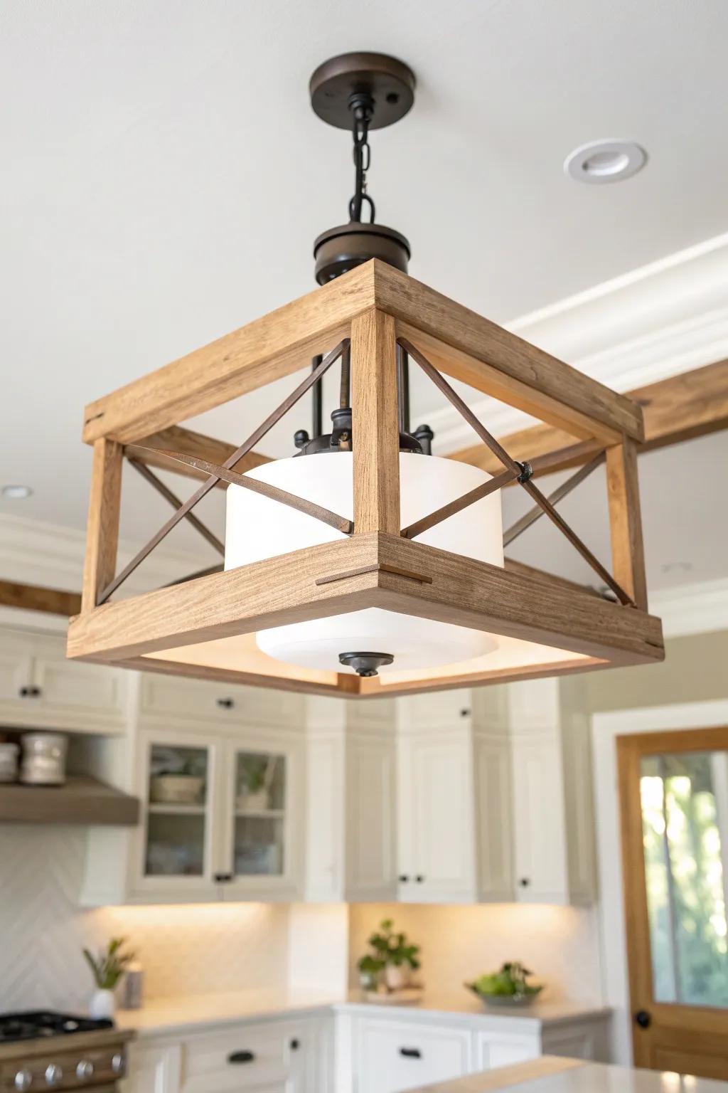 Low-ceiling friendly semi-flush island light: farmhouse warmth with clean Scandinavian ease.