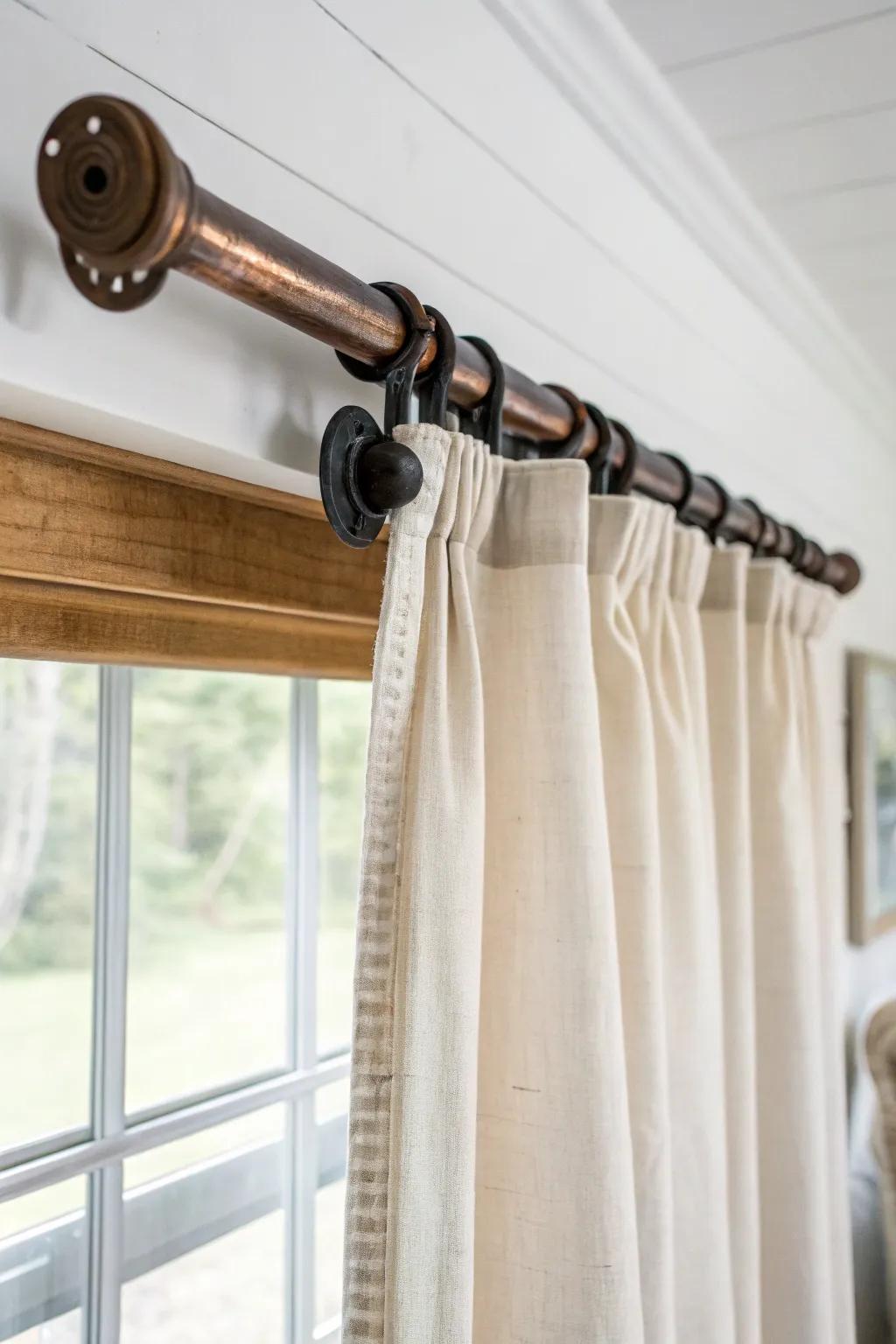 Industrial pipe curtain rod + airy linen curtains for a modern farmhouse window feature.