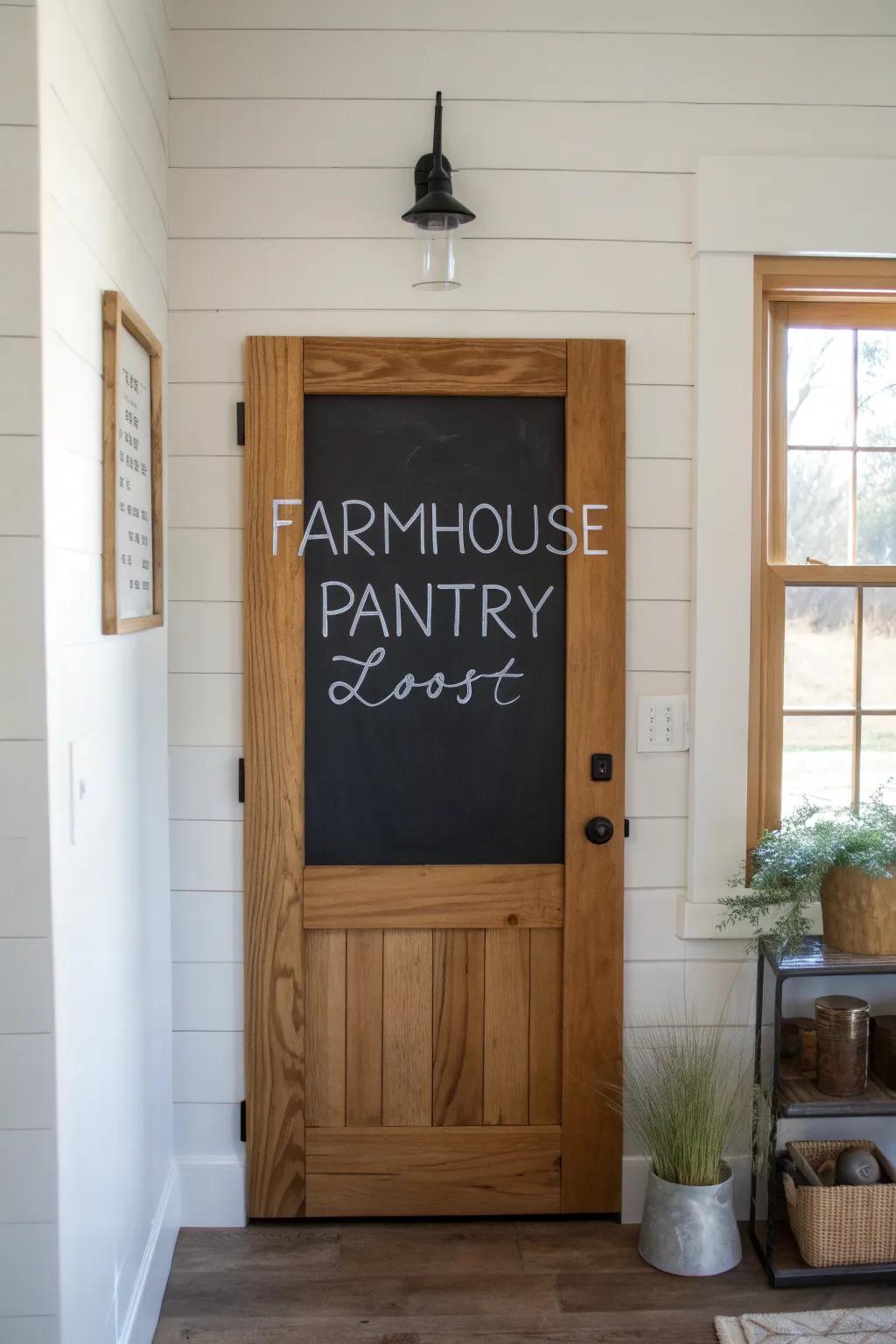 Warm oak frame + matte chalkboard center—farmhouse pantry door that’s pretty and practical.