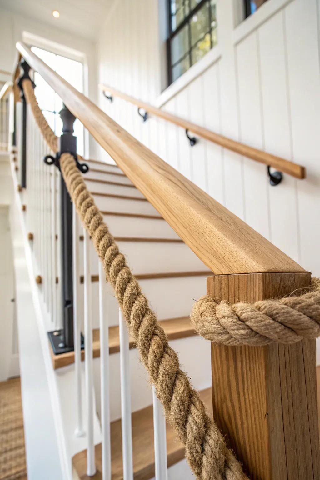 Taut jute rope adds texture to a farmhouse railing—clean, minimal, and beautifully crafted.