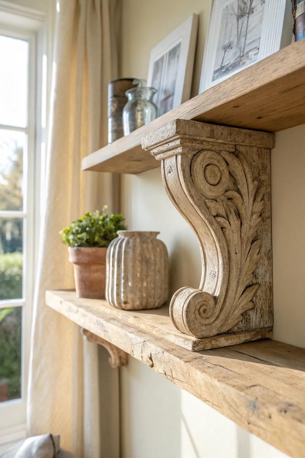 A salvaged wood corbel adds instant farmhouse character—simple, sculptural, and timeless.