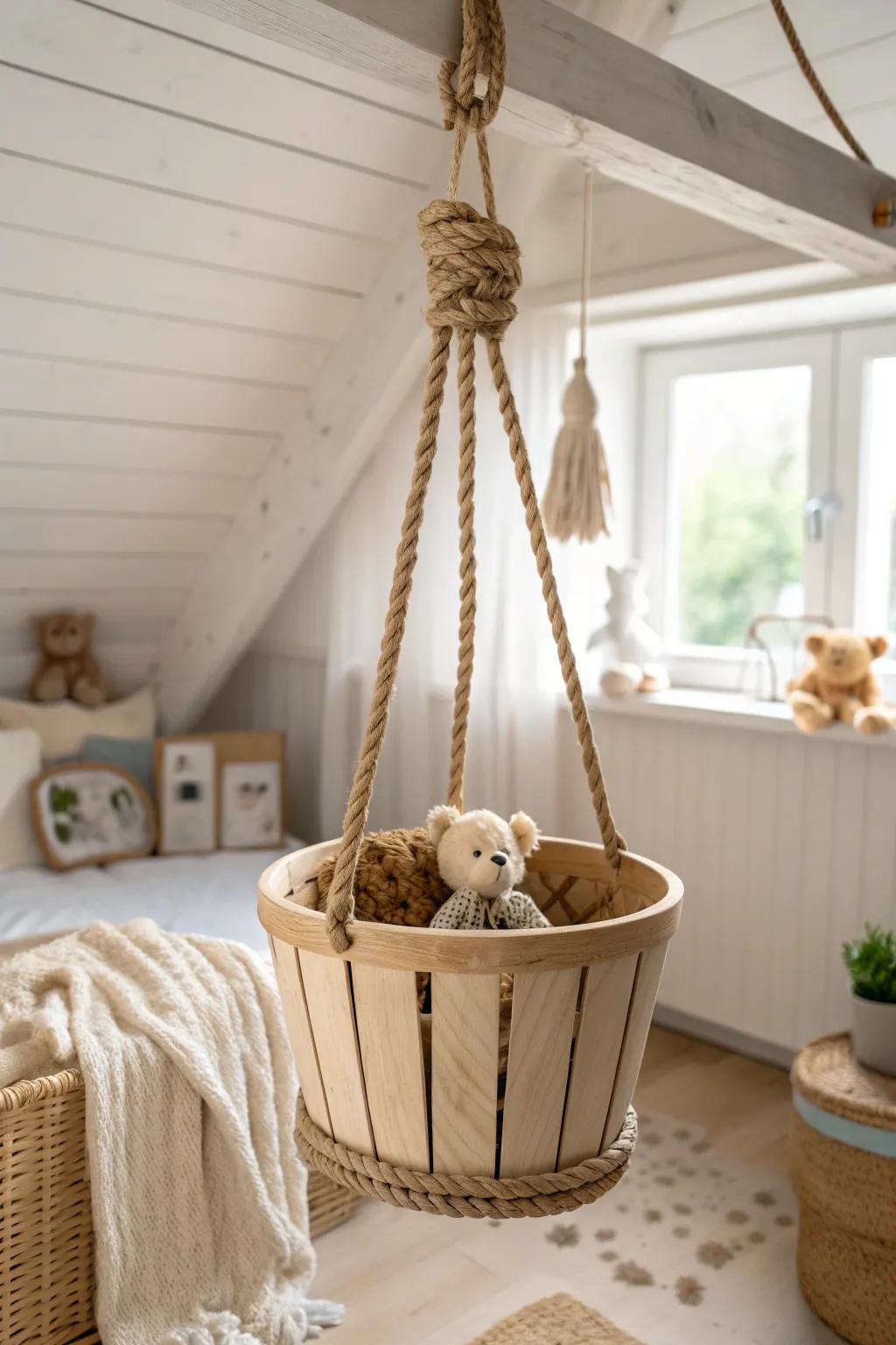 Farmhouse hoist basket keeps stuffies off the floor—handmade wood + rope, pretty and practical.