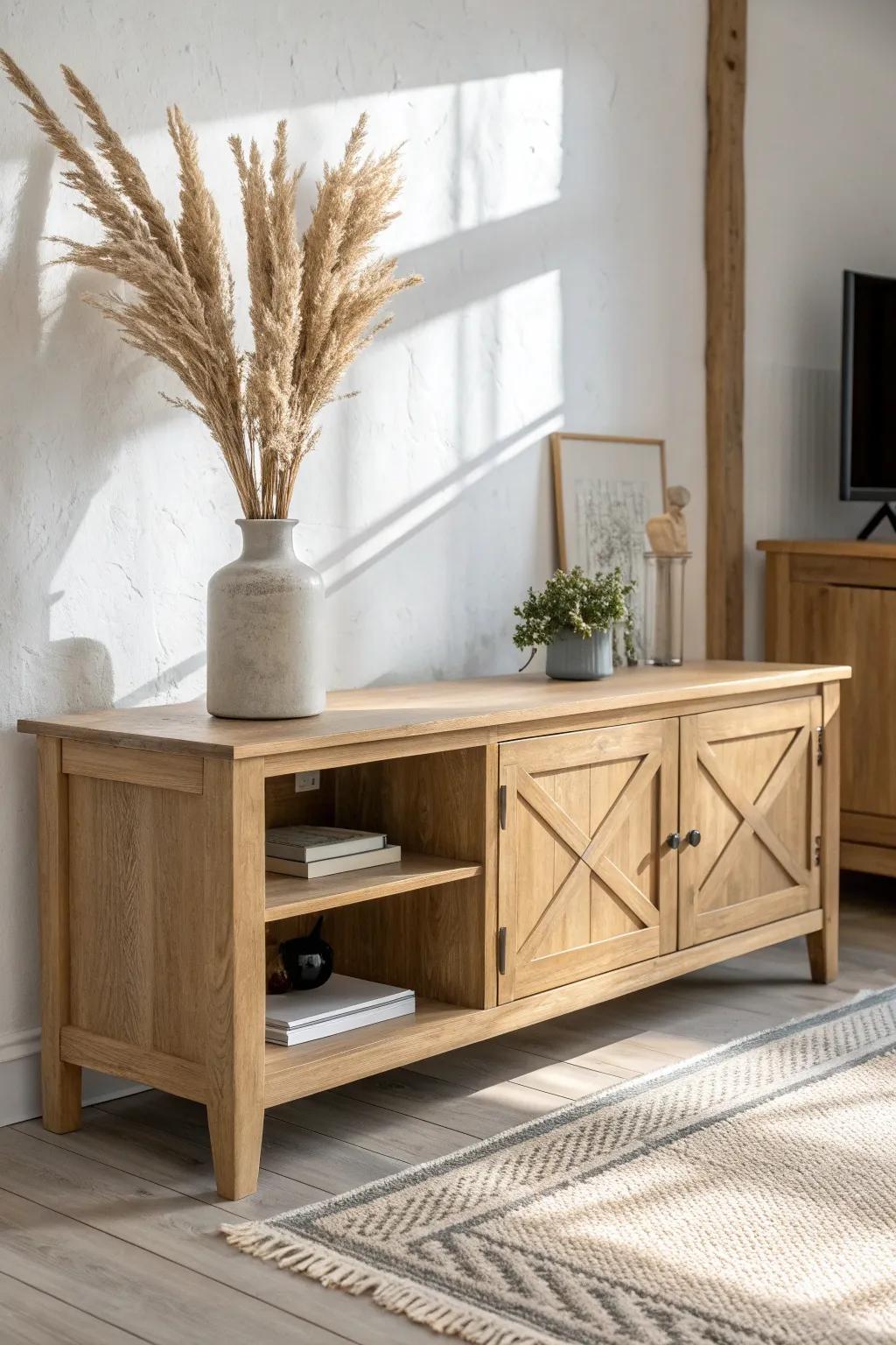 Keep the TV stand timeless—just swap one tiny seasonal vignette for an instant refresh.