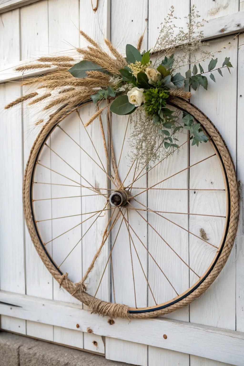 Upcycled bicycle wheel wreath—twine-wrapped texture and dried stems for modern farmhouse charm.