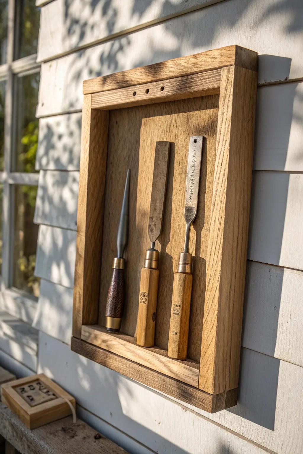 Antique tool shadowbox cluster: vintage chisels and tape measure in a clean farmhouse frame.