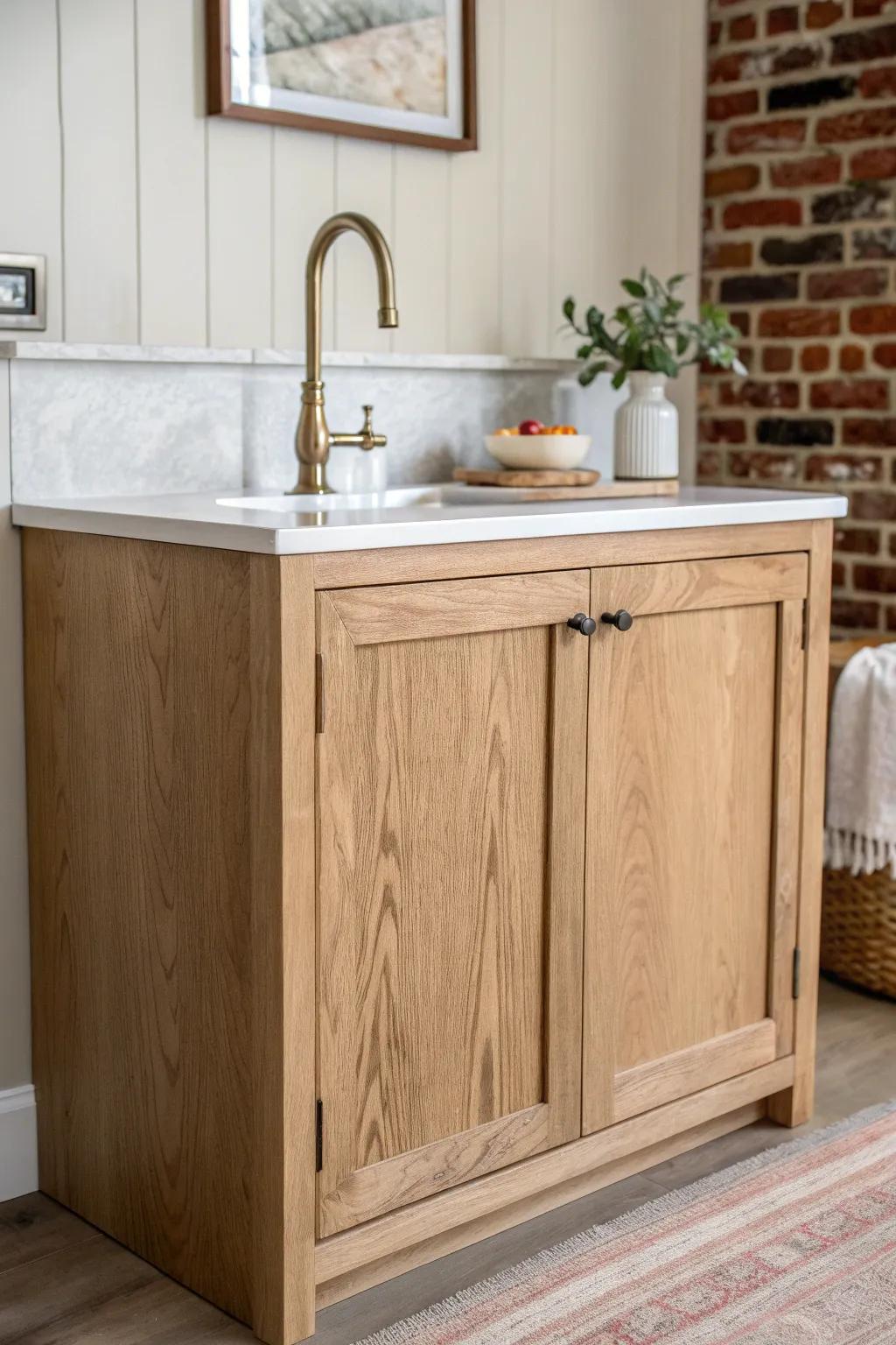 Light oak wet bar + exposed brick accent—old farmhouse texture with clean Scandinavian calm.