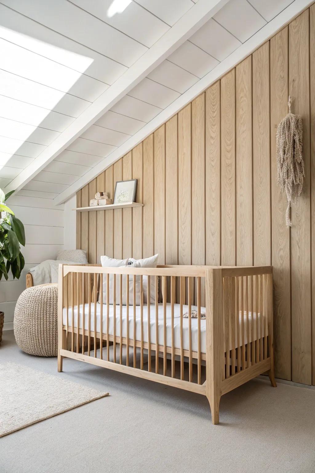 Soft creamy faux wood panels bring warmth and texture to a calm, minimalist nursery.