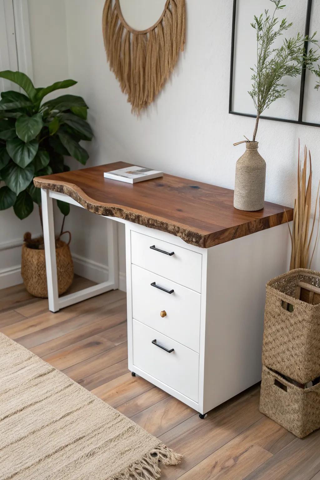 Live-edge slab desk on sleek file cabinets—minimal base, bold grain, instant statement.