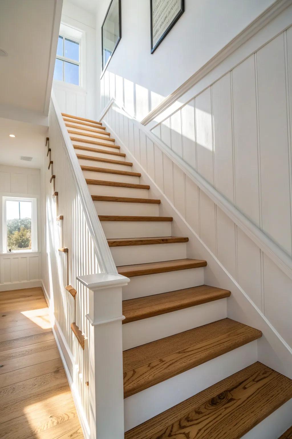 Vertical wall paneling beside a finished staircase adds custom charm—clean, bright, and timeless.