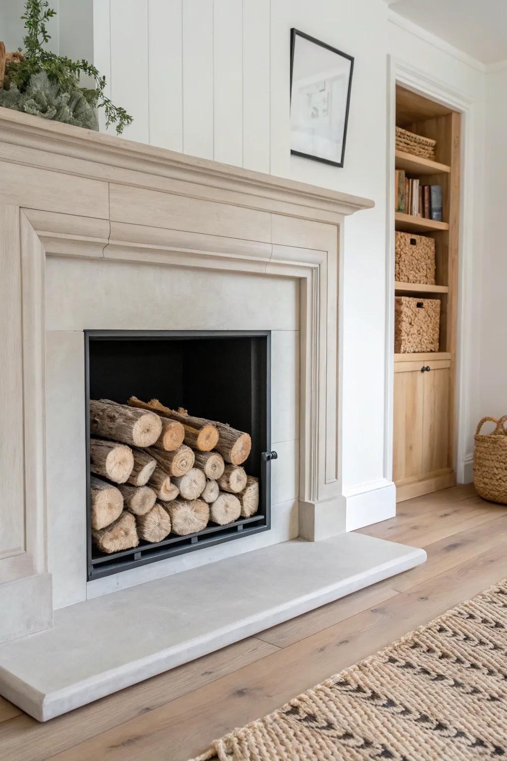 A built-in firewood niche adds rustic texture and intention to a clean fireplace bump-out.