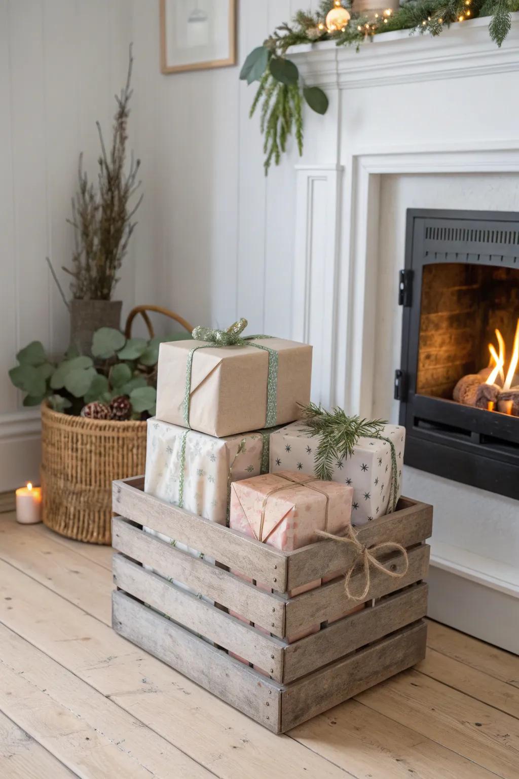 Upcycled wood crate gift stack brings cozy height and effortless fireplace styling before Christmas.