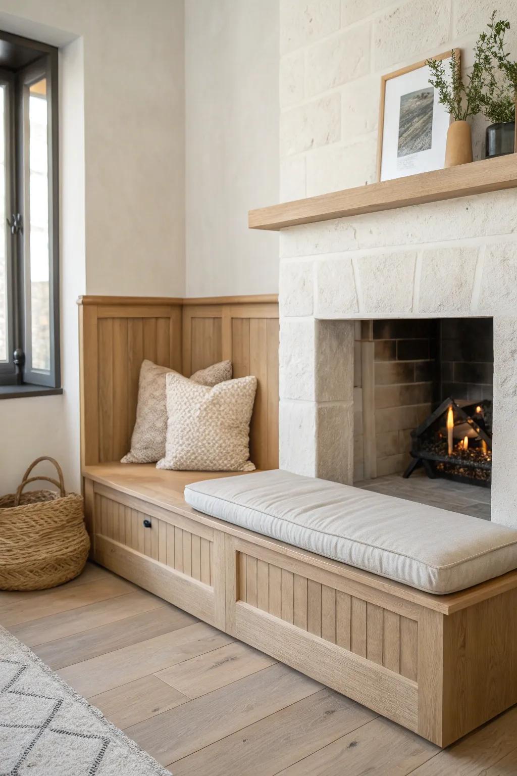 A built-in oak banquette by the fireplace creates a cozy café-style conversation nook.