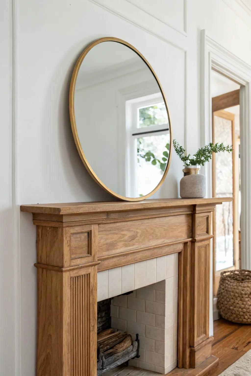 An oversized mirror above a fresh oak mantel instantly lifts the room and reflects more light.