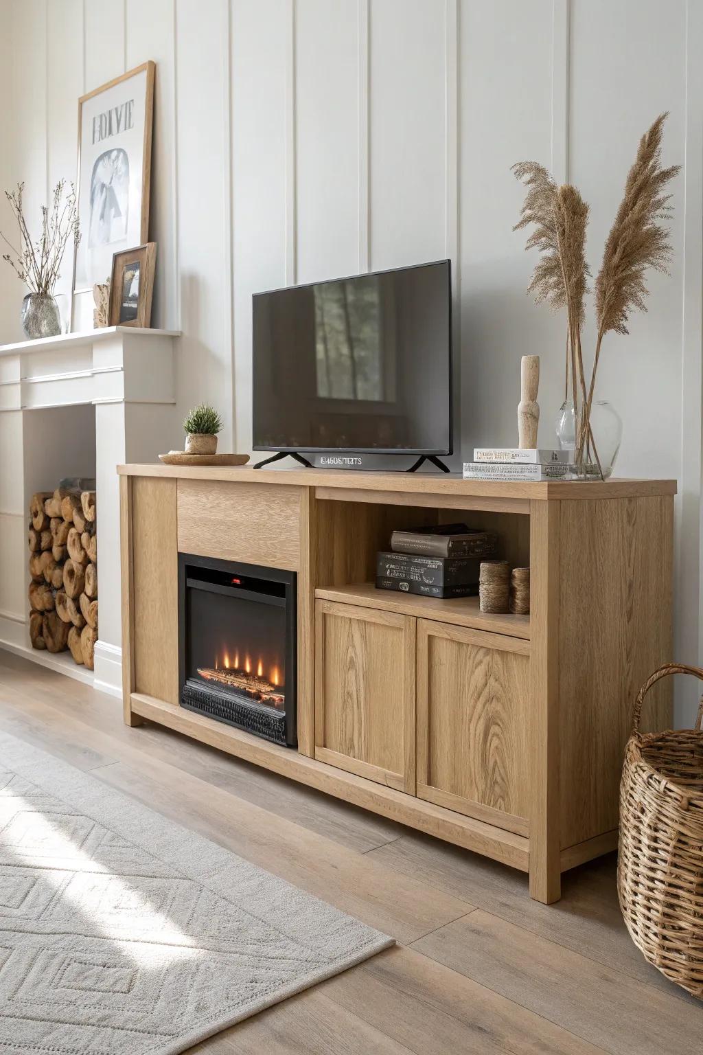 Off-center fireplace TV stand with asymmetrical shelves—modern, warm, and storage-friendly.