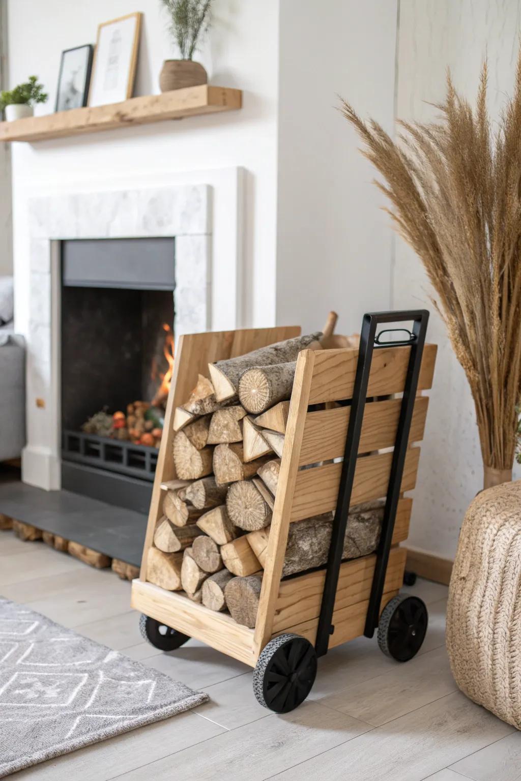 A rolling firewood cart that stores beautifully and glides right to the fireplace.