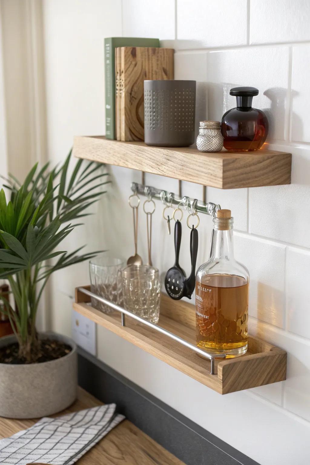 Sleek floating shelf bar with a hidden magnet strip—tools click in place, counter stays clear.