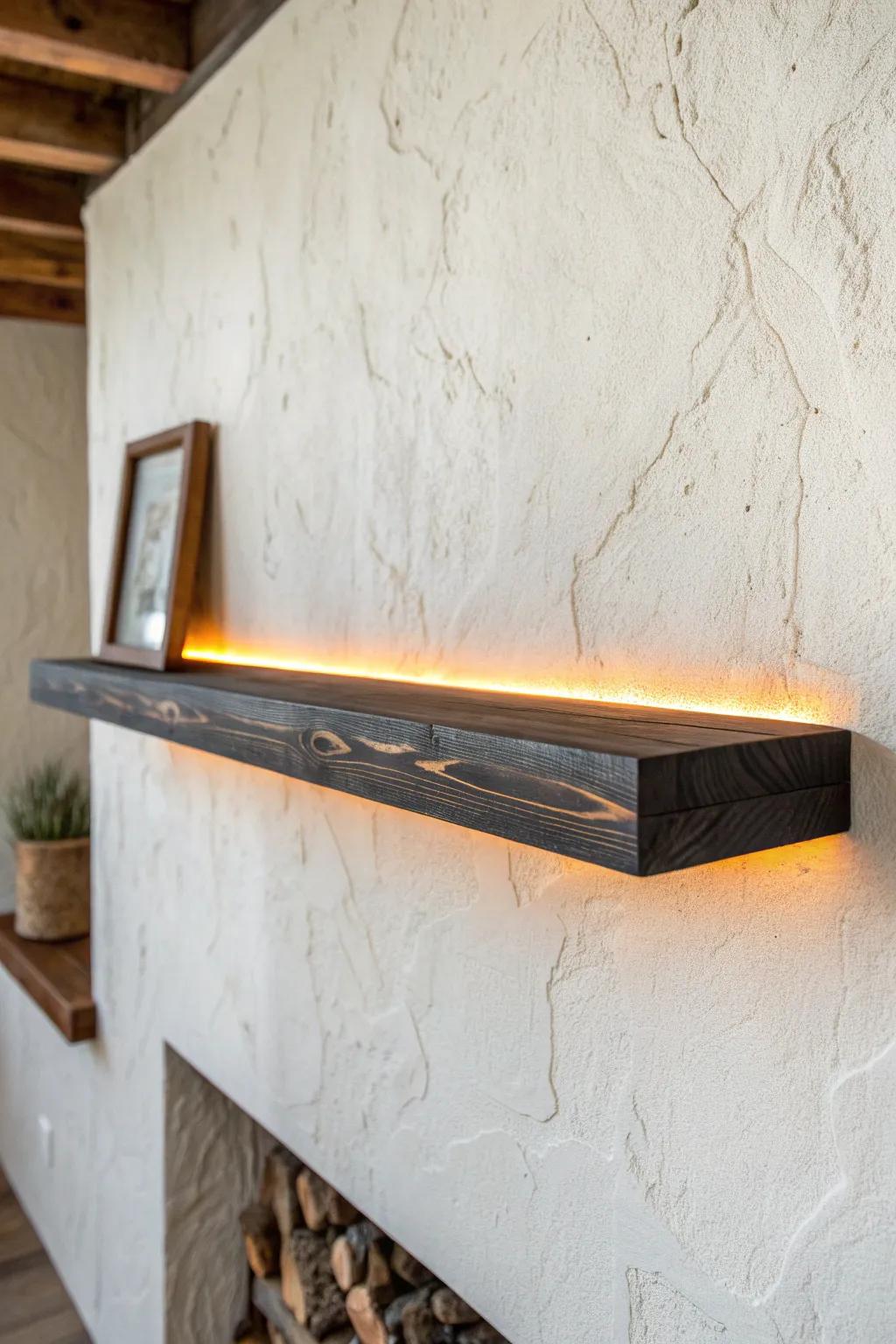 Charred floating shelf + hidden amber LED glow—moody, cozy contrast with artisan texture.