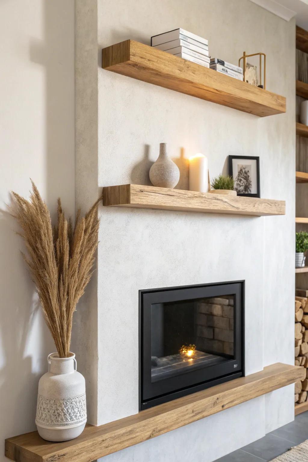 Hidden LED glow under floating shelves adds a luxe, cozy built-in look by the fireplace.