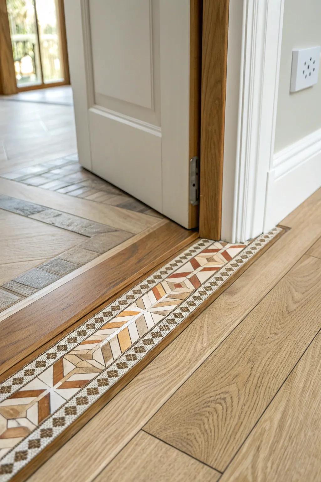 A mosaic “rug” threshold inlay that turns the doorway into a handcrafted wow moment.