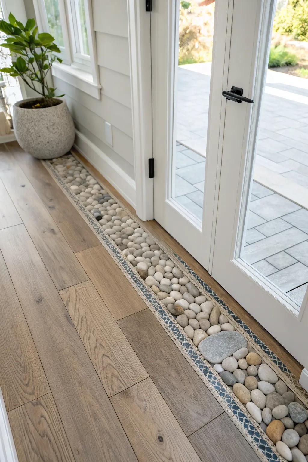 A pebble “shoreline strip” inlay by the door—coastal texture that catches sand beautifully.